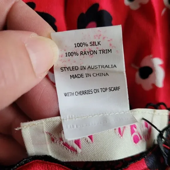 Silk Scarf with Cherries on Top ALANNAH HILL Rayon Lace Trim Red Black NEW - Picture 7 of 11